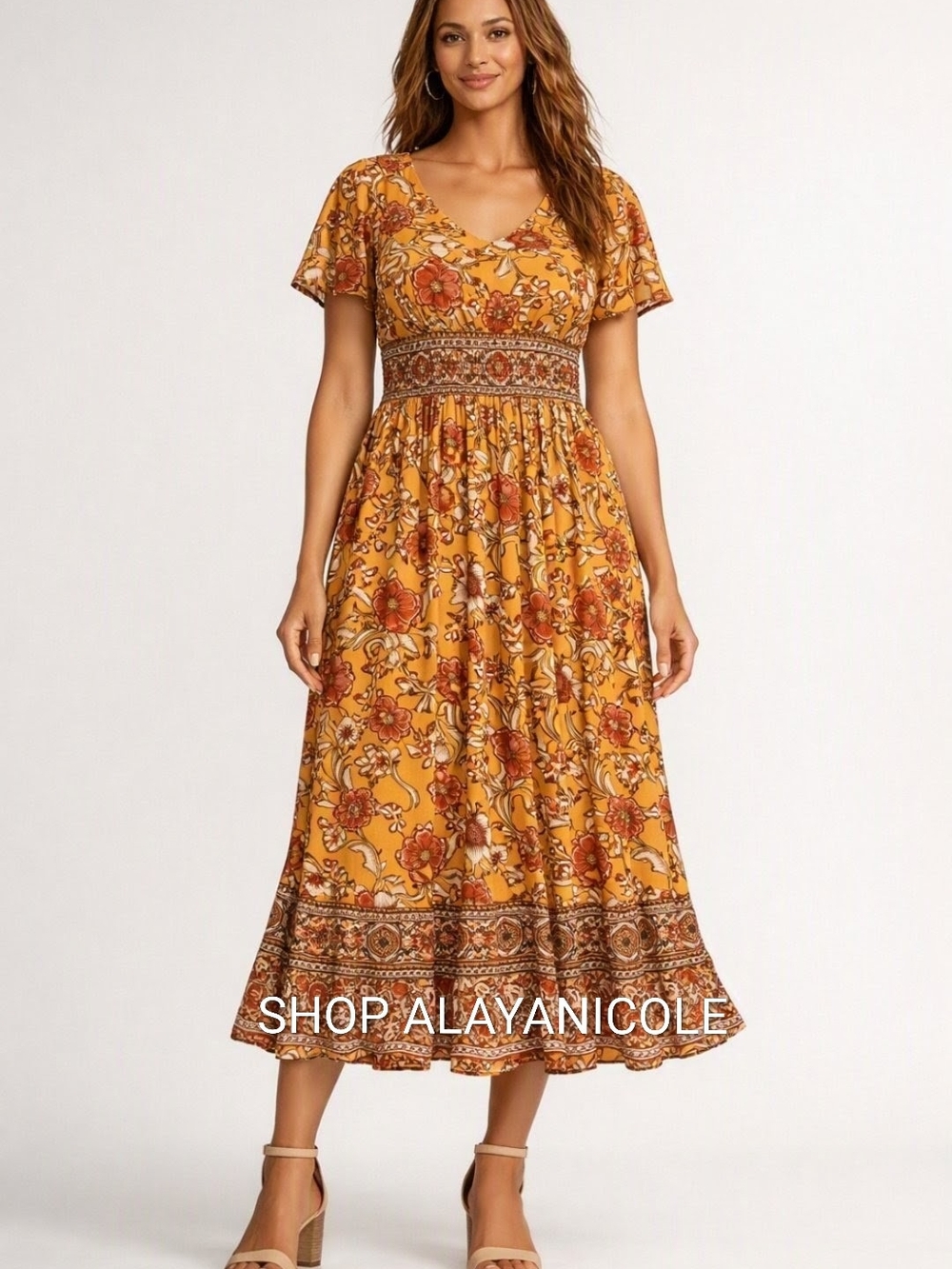 Mustard Floral Midi Dress